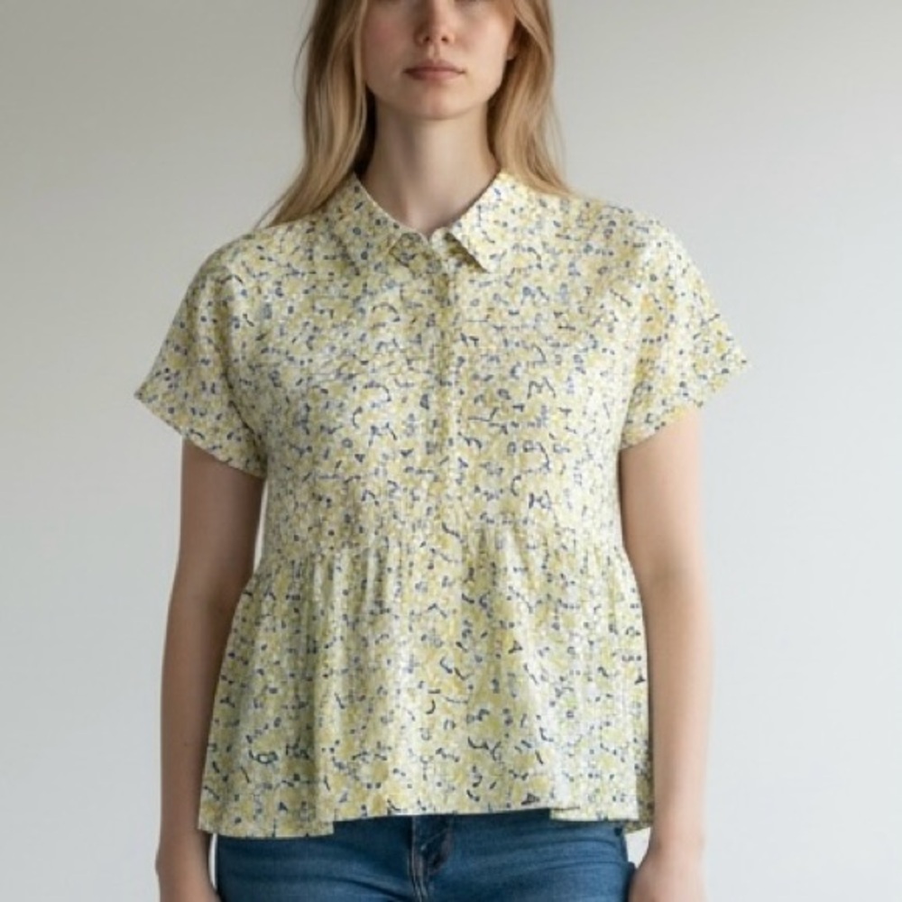 Cynthia Rowley top women size small 100% Linen Lemon Print Peplum Blouse Summer